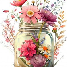 Sticker decorativ, Borcan cu Flori, Multicolor, 75 cm, 1265STK-6