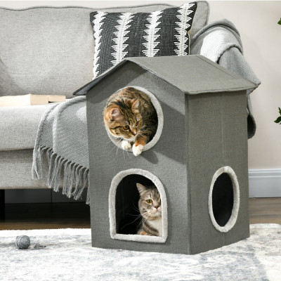 Pawhut Ansamblu de joaca pentru pisici cu strat dublu, pat pentru pisici de tip cabina cu perne moi care pot fi spalate, centru de activitati cu spati foto