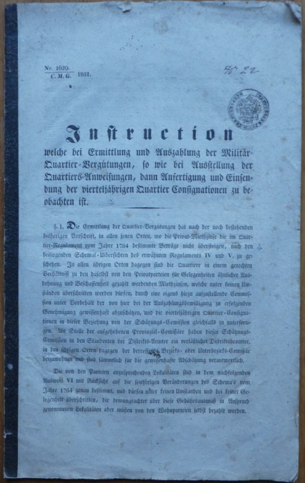 Instructiuni ale Marelui Cartier General al armatei austriece, Sibiu, 1851