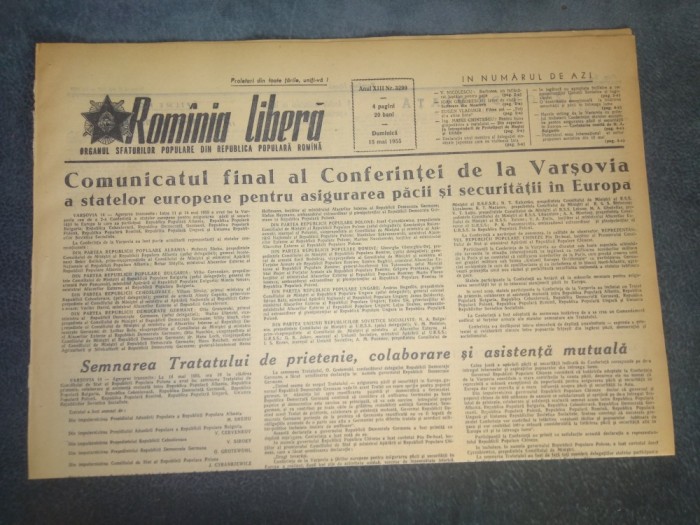 ZIARUL ROMANIA LIBERA 15 MAI 1955 COMUNICATUL FINAL AL CONFERINTEI DE LA VARSOVIA
