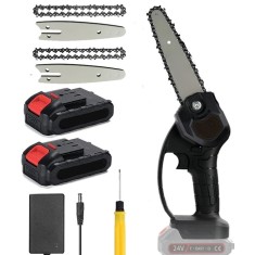 Mini Fierastrau Electric EMATTERIO&trade;, 6 Inch, 2 x Acumulatori 24V, 2 x Lant, 2 x Lama, 1500mAh Negru, Mini Drujba