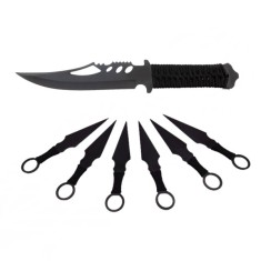 Set Cutit de vanatoare Extreme Battle si sase cutite de aruncat, Black Fury, IdeallStore&reg;, otel inoxidabil, teaca inclusa