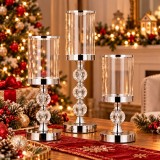 Set 3 sfesnice metalice cu glob cristal si abajur sticla,28-41 cm,argintiu
