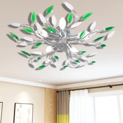 Plafoniera verde/albă, cu brațe frunze cristal acrilic, 5 becuri E14 foto