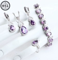 Set bijuterii elegante placate cu argint 925, cu cristale de zirconiu violet-ametist