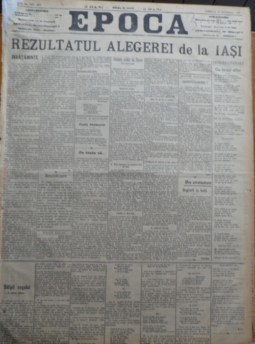 Ziarul Epoca, 18 Decembrie 1899 ; Rezultatul alegerilor de la Iasi