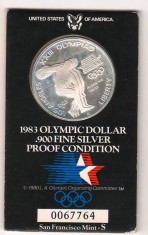 SV * SUA ONE DOLLAR 1983 * 26.73 Grame ARGINT .900 * Olimpiada Los Angeles 1984 * CERTIFICAT * PROOF !