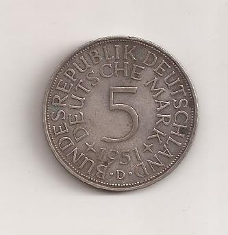Moneda Germania 5 Deutsche Mark ARGINT - 1951 D foto