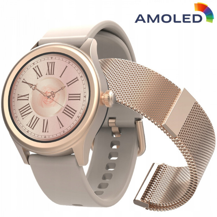 Ceas smartwatch AW-100, AMOLED, Bluetooth 5.0, Rezistenta IP68, Curea Silicon + Metal