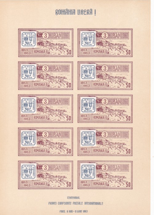 1963 Romania Exil - Minicoala Caisori, Centenarul Primei Conferinte Postale