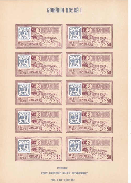 1963 Romania Exil - Minicoala Caisori, Centenarul Primei Conferinte Postale