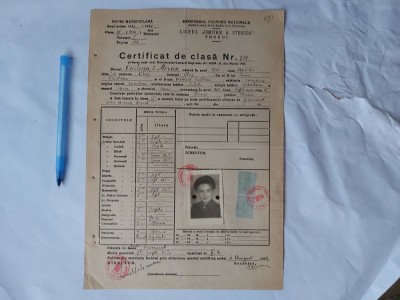 CERTIFICAT DE CLASA.LICEUL,,DIMITRIE A.STURDZA&amp;quot; TECUCI-1944. foto