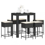VidaXL Set bar de grădină, 7 piese, cu perne, negru, poliratan