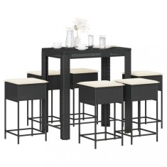 vidaXL Set bar de gradina, 7 piese, cu perne, negru, poliratan foto