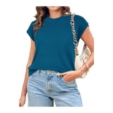 Tricou fără m&acirc;neci din tricotaj pentru femei, guler rotund, casual, pulover &ndash; albastru turcoaz S/L (M)