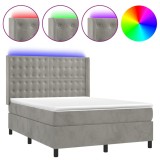 Cumpara ieftin Pat cu arcuri, saltea si LED, gri deschis, 140x200 cm, catifea