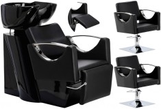 Set Scafă coafor profesională unitate de spălare model Luna + 2 x scaune de coafură hidraulic pivotant pentru picioare și accesorii bol ceramic