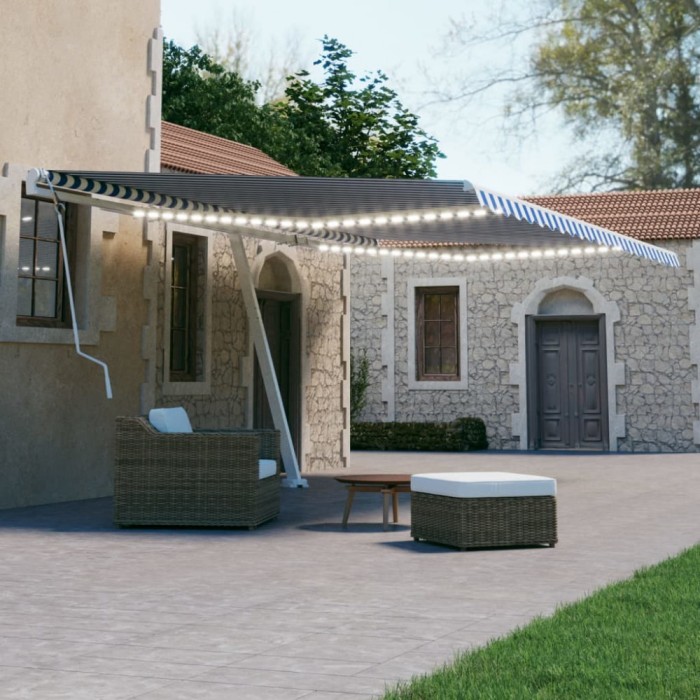 Copertină retractabilă manual cu LED, albastru &amp; alb 500x300 cm