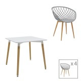 Cumpara ieftin Set de 5 buc masa si scaune Ezra-Natali plastic PP-MDF culoare gri-alb cu picioare naturale 80x80x76 cm