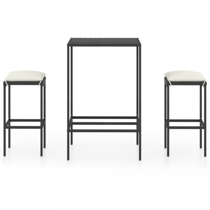 Set mobilier bar de gradina cu perne, 3 piese, negru, poliratan