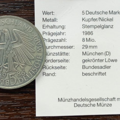 (M1902) MONEDA GERMANIA - 5 MARK 1986, LIT. D, 600 ANI UNIVERSITATEA HEIDELBERG