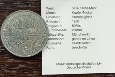 (M1902) MONEDA GERMANIA - 5 MARK 1986, LIT. D, 600 ANI UNIVERSITATEA HEIDELBERG foto