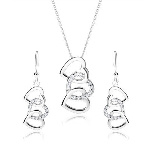 Set din argint 925, cercei şi colier - trei contururi de inimi interconectate, zirconiu transparent