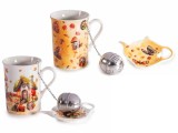 Cumpara ieftin Set 2 cani portelan, 2 infuzoare ceai, 2 farfurioare in cutii cadou Autumn &Oslash; 7,5 cm x 10,5 H, 300 ml