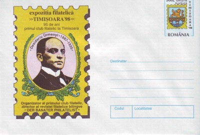 Romania 1998, Expo. Filatelica Timisoara, Desideriu Urmenyi, intreg postal foto