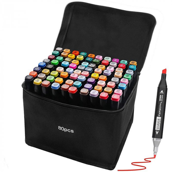 Set 80 markere colorate cu varf dublu, geanta depozitare