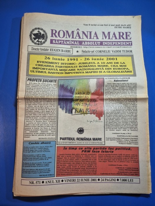 ziarul romania mare 22 iunie 2001 - redactor sef corneliu vadim tudor