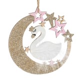 Ornament Brad Crăciun Jumbo, Model Lebădă Alba, Lemn, Culoare Bej/Roz