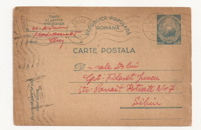 RS1 Carte Postala Romania - circulata 1949 Cluj-Sibiu