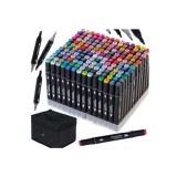 Set 168 markere, 2 capete subtire si gros, cu geanta de depozitare si suport din plastic, multicolore