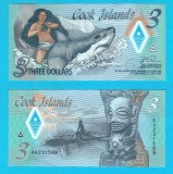 Insulele Cook (pick 11) 3 Dollars 2021 UNC serie: AA 231589; Ina călare pe rechinul Mango