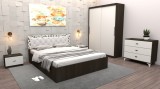 Set Dormitor Maia Wenghe + Alb Pat 160 cm x 200 cm + Noptiere + Dulap cu usi glisante 150 cm x 200 cm + comoda