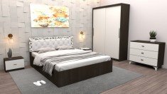 Set Dormitor Maia Wenghe + Alb Pat 160 cm x 200 cm + Noptiere + Dulap cu usi glisante 150 cm x 200 cm + comoda