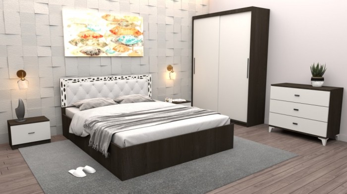 Set Dormitor Maia Wenghe + Alb Pat 160 cm x 200 cm + Noptiere + Dulap cu usi glisante 150 cm x 200 cm + comoda
