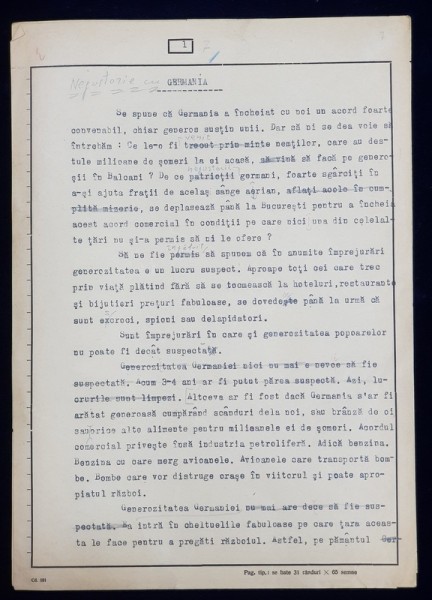 GEO BOGZA - NEGUSTORIE CU GERMANIA - ARTICOL PENTRU ZIAR , DACTILOGRAFIAT , CU CORECTURILE, MODIFICARILE SI ADAUGIRILE OLOGRAFE ALE AUTORULUI , 1