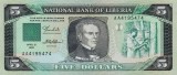 LIBERIA █ bancnota █ 5 Dollars █ 1989 █ P-19 █ UNC █ necirculata