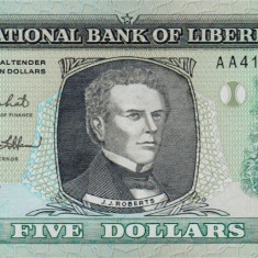 LIBERIA █ bancnota █ 5 Dollars █ 1989 █ P-19 █ UNC █ necirculata