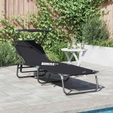 Șezlong pliabil cu copertină Negru 600D material Oxford