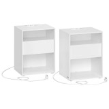 VASAGLE Set 2 noptiere cu porturi USB si prize, sertar si rafturi deschise, 45x35x58 cm, alb mat Household NewTrend