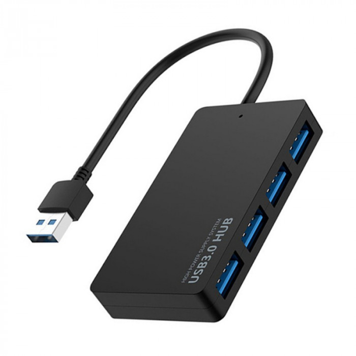 Hub USB cu 4 porturi Techstar&reg; HUBA0401, 1 x USB 3.0, 3 x USB 2.0, Transfer date de mare viteza 5Gbps, Negru