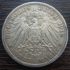 (A730) MONEDA DIN ARGINT GERMANIA, PRUSIA - 3 MARK 1910, LIT. A, WILHELM II foto