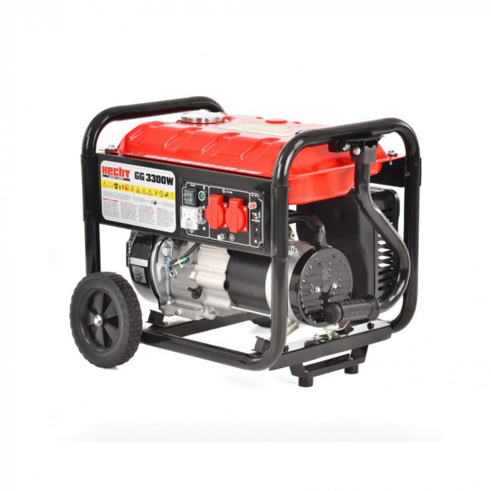 Generator de curent monofazat Hecht GG 3300 W, motor benzina 4T, 208 CC, max 3000 W, cu AVR, 2 x priza 230V - 16A, 1 x priza 12V