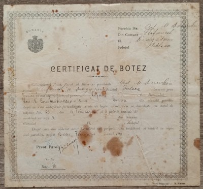 Certificat de botez Dragasani, Valcea 1911 foto