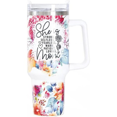 Cana termos din plastic, flippy, pentru bauturi calde si reci, cu maner, imprimeu floral, cu mesaj pentru mama, alb, 10x7.6x27.5 cm foto