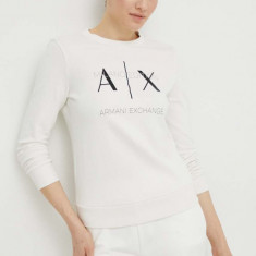 Armani Exchange hanorac de bumbac femei, culoarea bej, cu imprimeu