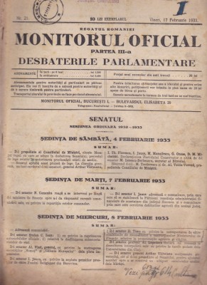 MONITORUL OFICIAL - PARTEA III a DESBATERILE PARLAMENTARE, 1933, Nr.21 foto